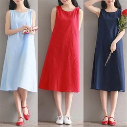 Casual Dresses Women Round Neck Sleeveless Loose Solid Color Dress