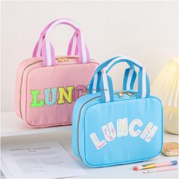 Storage Bags Girls Boys Preppy Cute Reusable Nylon Insated Tote Lunch Box Cooler Bag With Chenille Letters For Office School Travel Pi Otpzv