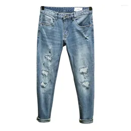 Men's Jeans Ripped For Men Slim Straight Regular Fit Stretch Light Blue Distressed Hip Hop Patchwork Torn Destroyed Male Denim Pants
