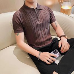 Men's Polos Summer Pure Color Stripe Polo Shirt Men Half Zipper Lapel Short Sleeve Knitted T-Shirt Slim Fit Casual Business Formal Tee