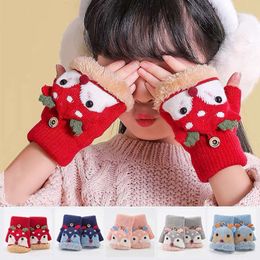 4-12 Years Children Winter Girls Knitted Half Finger Flip Gloves Plush Thick Warm Cartoon Boy Christmas Deer Kids Mittens L2405