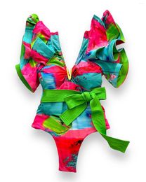 Women's Swimwear Multicolor Swimsuit Shoulder Ruffled Printed Push Up High Waist Monokini Sexy V-Neck One Piece Bathing Suits