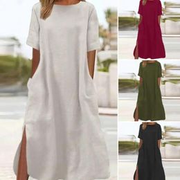 Party Dresses Short Sleeve Women Dress Versatile Women's Casual Midi O-neck Pockets Side Split Hem Solid Colour Loose Fit