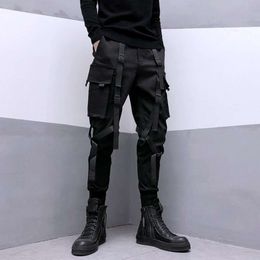 HOUZHOU Techwear Black Pants for Men Cargo Trousers Male Japanese Streetwear Hip Hop Spring Ribbon Pocket Haruku Fashion M522 32
