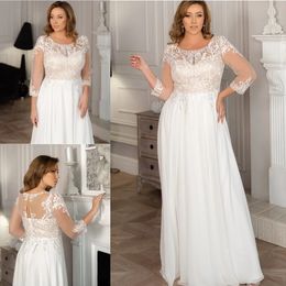 Classy Plus Size Кружевые свадебные платья Scoop Neck a Line Long Roolves Bridal Howns Sweep Train Chefon Robe de Mariee