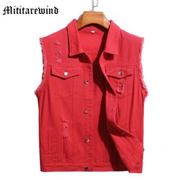 Spring Autumn Denim Jackets Mens Vest Unisex Sleeveless Y2k Coats High Street Tops Hip Hop Solid Red Black Clothing Classic 240518