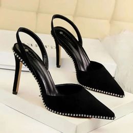 Pointed Sandals Suede Ladies 2024 Rhinestone High Heel Women's Slippers Wedding Party Shoes Size 431