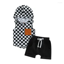 Clothing Sets Baby Boy Summer Outfits Checkerboard Print Sleeveless Hoodie T-shirt And Stretch Casual Shorts Set