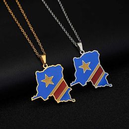 Pendant Necklaces Democratic Republic of Africa Congo Map Flag Pendant Necklace Gold/Steel Mens/Womens Stainless Steel Map Ethnic Jewellery d240531