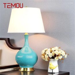 Table Lamps TEMOU Ceramic Lamp Copper Contemporary Luxury Pale Blue Desk Light LED For Home Bedsides