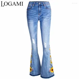 Women's Jeans LOGAMI Flower Embroidery Skinny Woman Boot Cut Denim Pants Womens Vintage