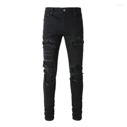 Men's Jeans EU Drip Black High Street Slim Fit Distressed Holes Ribs Patchwork Stretch Ripped For Young Boy