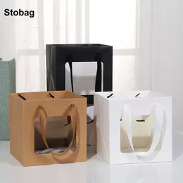 Gift Wrap StoBag 12pcs Kraft Paper Bags Tote With Window Packaging Colour Handbag Cake Storage Reusable Pouch Birthday Party Favours