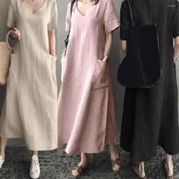 Party Dresses Solid Color Dress Vintage V Neck Maxi With Pockets For Women Ankle Length Loose Fit Summer Wear