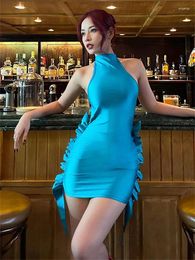 Casual Dresses WJFZQM Summer Fashion Solid Color Ruffles Dress Women Sexy Sleeveless Off Shoulder Blue Midnight Party Club Short Mini