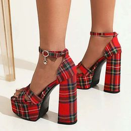 Heels Red Sandals Summer Plaid Checkered Women Plus Size European Fashion Womans Platform Shoes Block T 62e