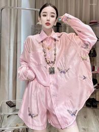 Women's Tracksuits Vefadisa Butterfly Embroidery 2-piece Sets 2024 Summer Apricot Set Fashion Long Sleeved Shirt Shorts HLX261