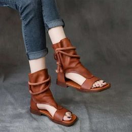 Birkuir Toe Open Sandals High Top Boots For Women Summer Hollow Out Beach Genuine Leather Flats Lad f56