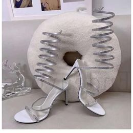 Wrapped High Thin Ankle Sandals Rhinestone Heels Summer Round Toe Straight Line Fashion Show Ocn Large Size Women 366