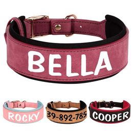 Dog Collars Leashes Personalized PU Leather Collar Necklace Wide Padded Pet ID Free Print Dogs Name for Small Medium Large H240522