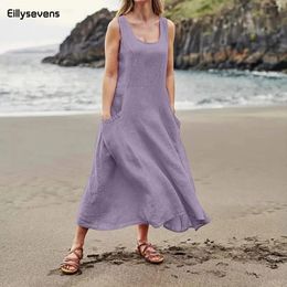 Casual Dresses Vintage Cotton Linen Long For Women Summer Solid Colour Sleeveless Boho Maxi Dress Pocket Loose Tank Plus Size 5xl