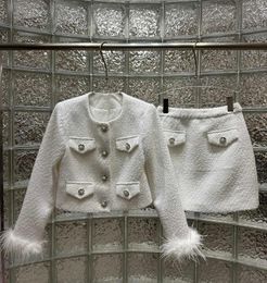 Work Dresses Celebrity Elegant Tweed Skirt Set Autumn Winter Women Feather Patchwork O-neck Short Coats Mini 2 Pieces Black White