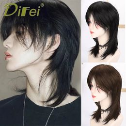 DIFEI Synthetic Cosplay Wig Mullet Head Wig Natural Black Red Gold High Quality Wig For Boy Short Straight Wolf Tail Fake 240520