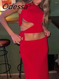 Work Dresses Odessa Red Summer Sexy Hollow Out Dress Two Piece Sets Women Outfits Fashion Bandage Crop Top And Long Skirt Party Matching