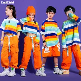 Girls Striped Crop Top Cargo Pants Skirts Boys Hip Hop Rainbow T-shirt Street Dance Shorts Children Streetwear Kids Jazz Costume L2405