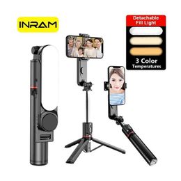 Selfie Monopods INRAM-L15 selfie stick foldable mini tripod with fill light for photo live streaming wireless Bluetooth remote control shutter portable d240522