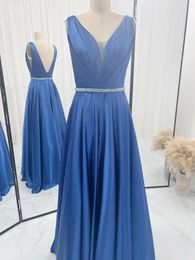 Party Dresses Dark Blue Sleeveless Sexy Deep V -Neck -Back Puff Skirt Long Dress M1354
