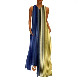 Casual Dresses Yellow Blue Striped Dress Summer Two Tone Streetwear Long Woman Design Modern Maxi 3XL 4XL 5XL
