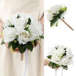 Wedding Flowers Bridesmaids Holding Creative Twine Handle Bouquet Cross Border White Imitation Rose Bride