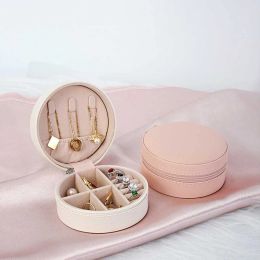 Circular PU Leather Jewelry Box for Travel Necklace Ring Earrings Storage Display Case Portable Zipper Jewelry Organizer Box