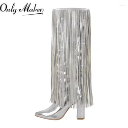 Boots Onlymaker Women Pointed Toe Sliver Fringe Western Cowboy Cowgirl Block High Heel Big Size Pull-on Knee