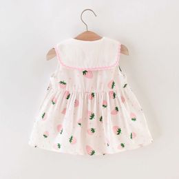 Girls Fashion Navy Blue Collar Strawberry 9 Months to 3 Years Old Sleeveless Gift Bag 2023 Round Neck Cotton Summer Dress