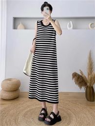 Casual Dresses 2024 French Loose Sleeveless Sweater Slim Long Dress Spring/Summer Lazy Stripe Split Knitted Tank Top Z2549