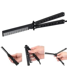 Foldable Comb Stainless Steel Practice Training Butterfly Knife Comb Beard Moustache Brushe Salon Hairdressing Hair Styling Tool