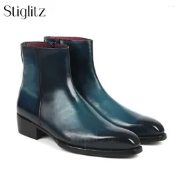 Boots Genuine Leather Zip Men's Ankle Hand Painted Designer Style Formal Elegant Wedding Men Booties