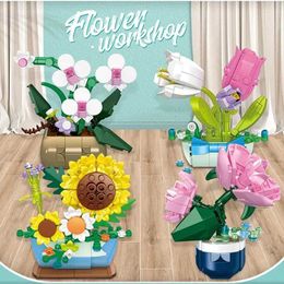 Blocks Flower Building Toys With Dust Cover Sunflower Rose Tulip Perfume Fairy Model Home Ornament Adult Christmas Gifts H240522