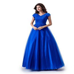 New A-line Royal Blue Long Modest Prom Dress With Cap Sleeves V Neck Lace Top Tulle Skirt Floor Length Teens Modest Party Dress 255n