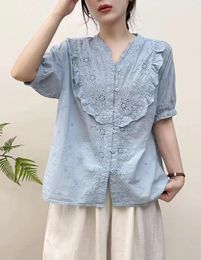 Women's Blouses Chic And Elegant Women Blouse Bohemian V Neck White Blue Black Hollow Out Cotton Shirts With Ruffles Tops Female Boho