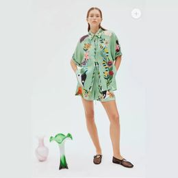 Cross-Border Independent Station 2023 New European and American Casual Two-Piece Suit Cotton and Linen Printed Shirt Shorts