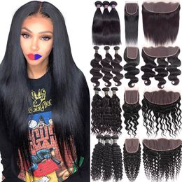 30 40 Inches Human Remy Hair Bundles With Lace Frontal Closure Straight Body Deep Water Loose Wave Jerry Kinky Curly Brazilian Virgin 3 Qbld