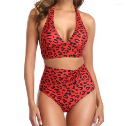 Women's Swimwear Leopard Print Bikini V-neck Halter Bandage Swimsuit Plus Size High Waist Women Two Piece Beach Bathing Suit Bikinis Set