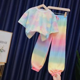 New Fashion Ice Silk Rainbow Gradient Colour Loose 2pcs T-shirts+pants Girls 2024 Summer Suits 3-12 Years Kids Tie-dyed Clothing L2405