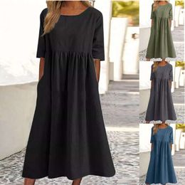 Summer autumn designer dresses round neck Half sleeve large size casual loose long solid Colour cotton linen dress c19 5f2