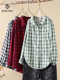 Women's Blouses Spring Cotton Yarn Plaid Casual Shirt Women Lapel Long Sleeve French Top Girl Loose OL Commute Blouse 2024 Summer T454105QC