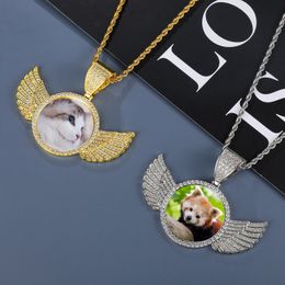 Custom Sublimate Po Memory Medallions Solid Angel Wings Pendant Necklace Hip Hop Jewellery Cubic Zirconia Chains Wings Necklace 240522