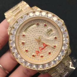 Mens Luxury President Day-Date 18K Gold Watch Big Bezel Face Full Diamond Strap Stainless Steel Casual Men Automatic Mechanical Wristwa 286l